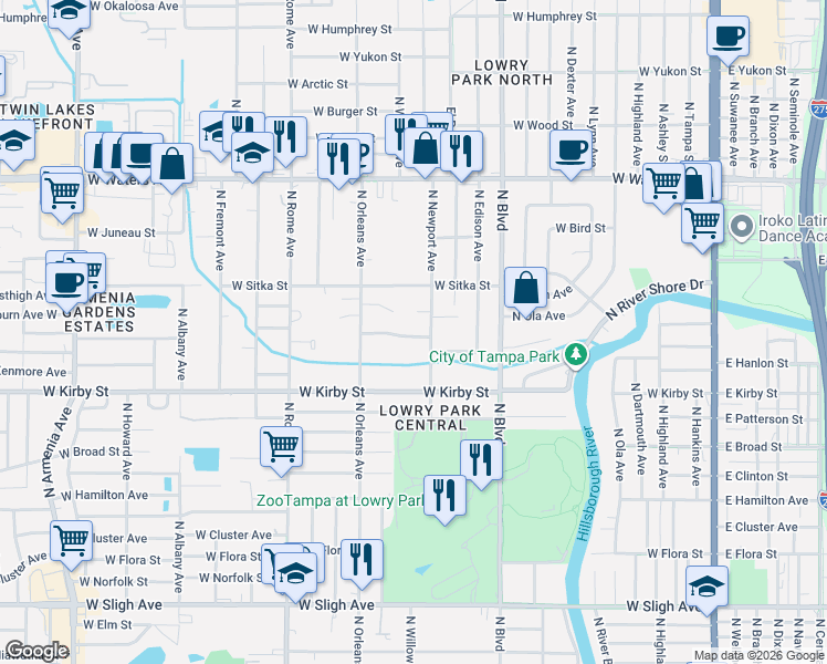 map of restaurants, bars, coffee shops, grocery stores, and more near 1207 West Hollywood Street in Tampa