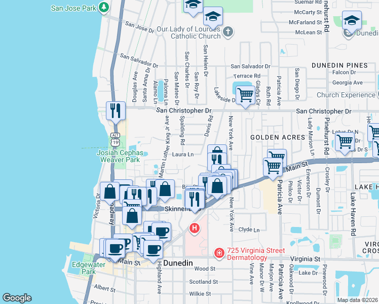 map of restaurants, bars, coffee shops, grocery stores, and more near 614 Laura Lane in Dunedin