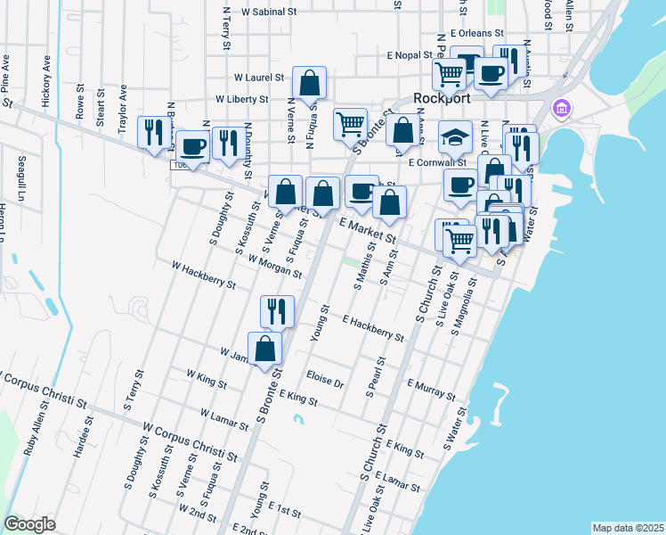 map of restaurants, bars, coffee shops, grocery stores, and more near 725 Young Street in Rockport