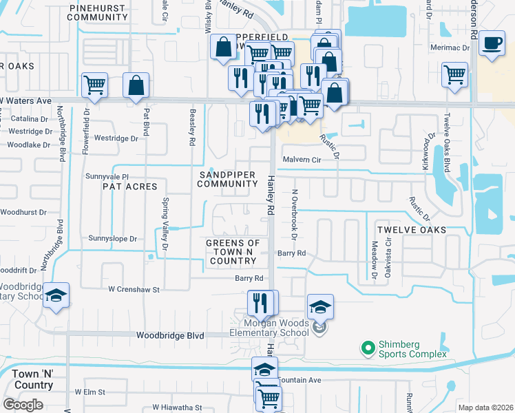 map of restaurants, bars, coffee shops, grocery stores, and more near 8015 Palmera Pointe Circle in Tampa