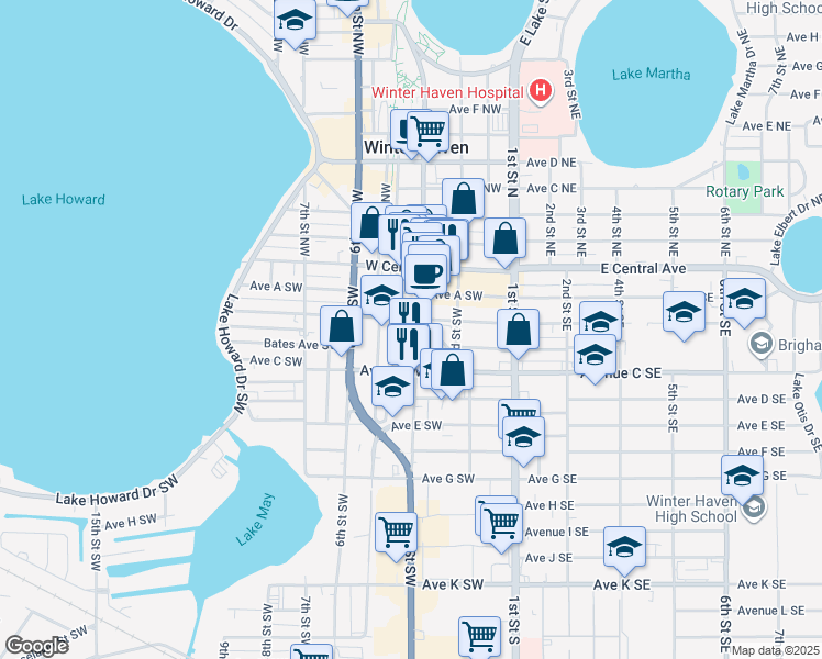 map of restaurants, bars, coffee shops, grocery stores, and more near 201 3rd Street Southwest in Winter Haven