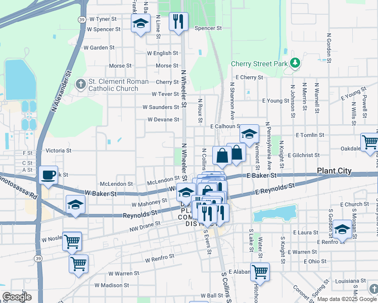 map of restaurants, bars, coffee shops, grocery stores, and more near 701 North Evers Street in Plant City
