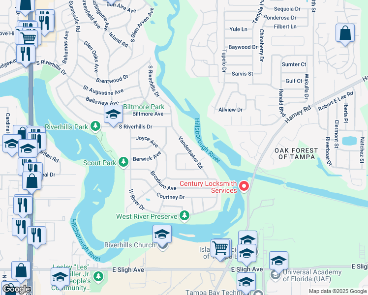 map of restaurants, bars, coffee shops, grocery stores, and more near 613 Vanderbaker Road in Tampa