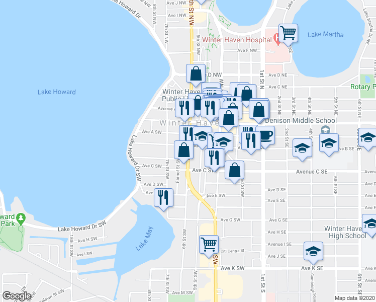 map of restaurants, bars, coffee shops, grocery stores, and more near 205 6th Street Southwest in Winter Haven