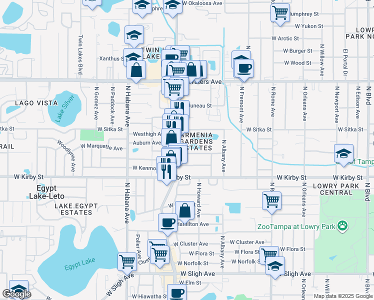 map of restaurants, bars, coffee shops, grocery stores, and more near 2321 West Marquette Avenue in Tampa