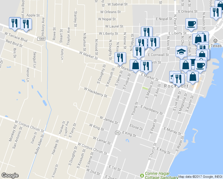 map of restaurants, bars, coffee shops, grocery stores, and more near 305 South Verne Street in Rockport