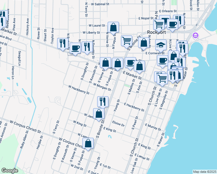 map of restaurants, bars, coffee shops, grocery stores, and more near 228 South Fuqua Street in Rockport