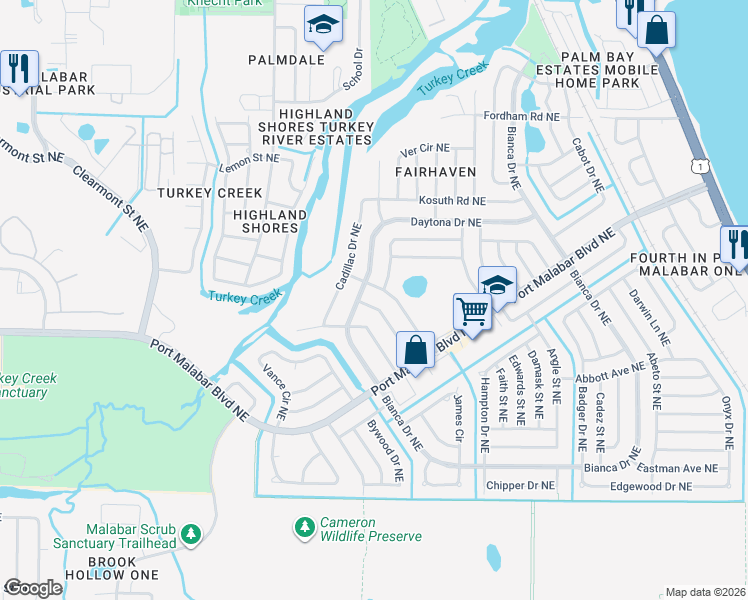 map of restaurants, bars, coffee shops, grocery stores, and more near 991 Fulton Lane Northeast in Palm Bay