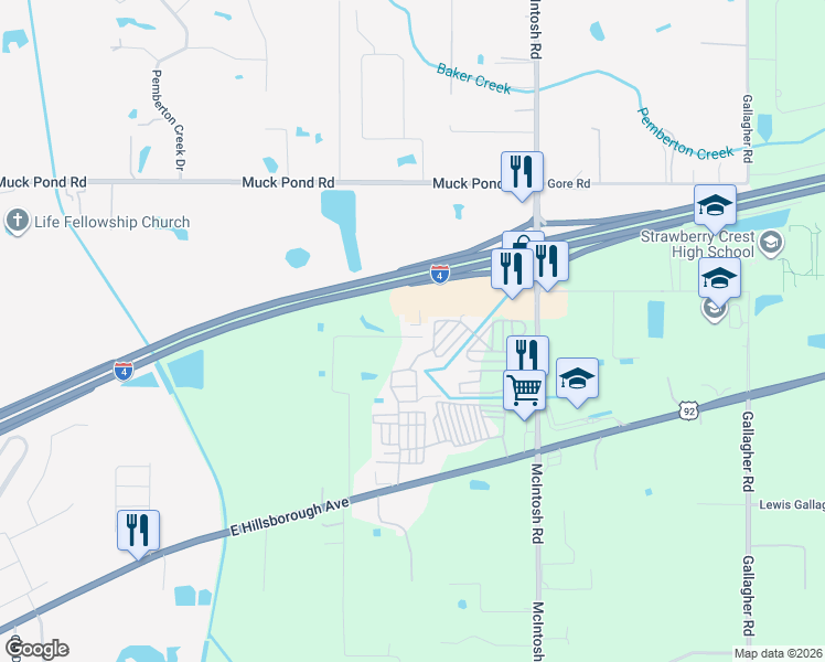 map of restaurants, bars, coffee shops, grocery stores, and more near 4774 Castlewood Road in Seffner