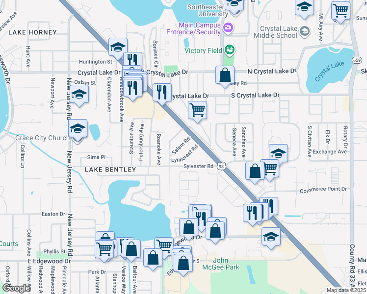 map of restaurants, bars, coffee shops, grocery stores, and more near 1824 Salem Road in Lakeland
