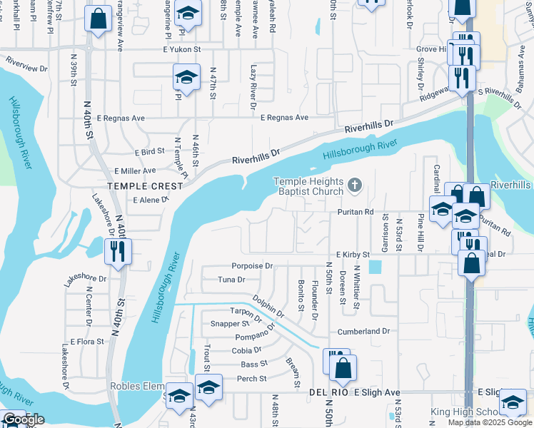 map of restaurants, bars, coffee shops, grocery stores, and more near 5106 Puritan Circle in Tampa