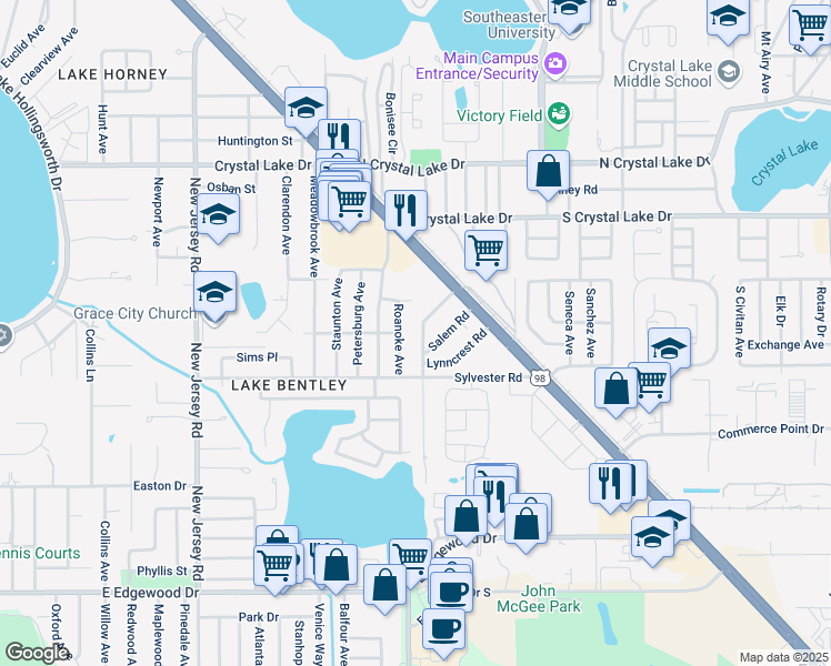 map of restaurants, bars, coffee shops, grocery stores, and more near 1905 Richmond Road in Lakeland
