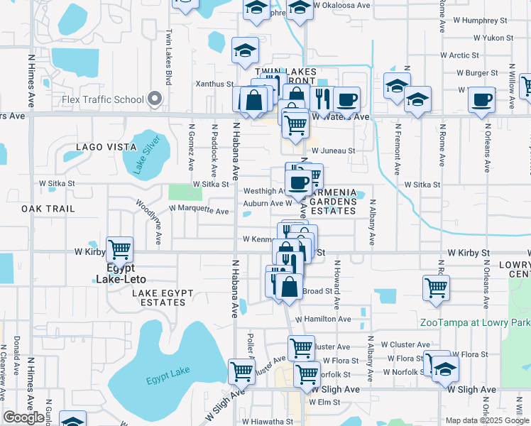 map of restaurants, bars, coffee shops, grocery stores, and more near 7912 North Saint Peter Avenue in Tampa