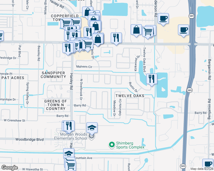 map of restaurants, bars, coffee shops, grocery stores, and more near 7316 Sunshine Circle in Tampa