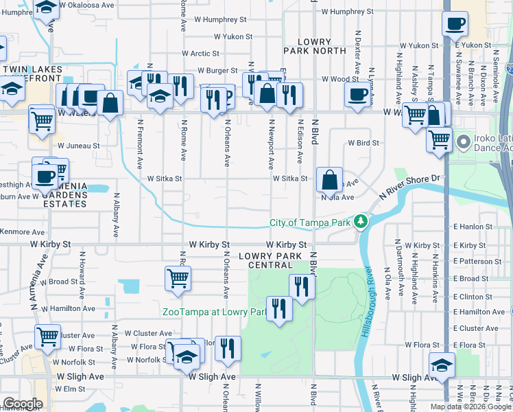 map of restaurants, bars, coffee shops, grocery stores, and more near 1207 West Hollywood Street in Tampa