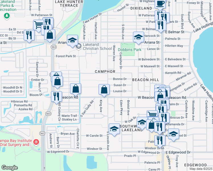 map of restaurants, bars, coffee shops, grocery stores, and more near 805 Susan Drive in Lakeland