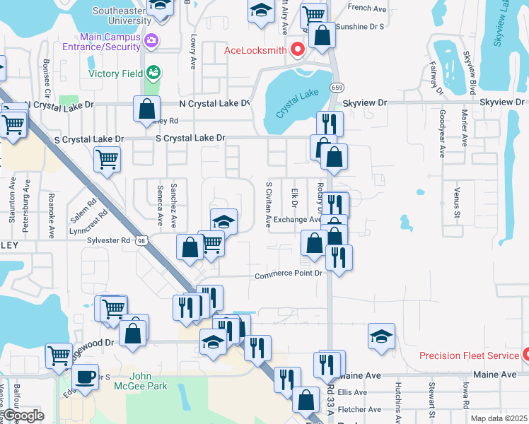 map of restaurants, bars, coffee shops, grocery stores, and more near 1832 Crystal Grove Drive in Lakeland
