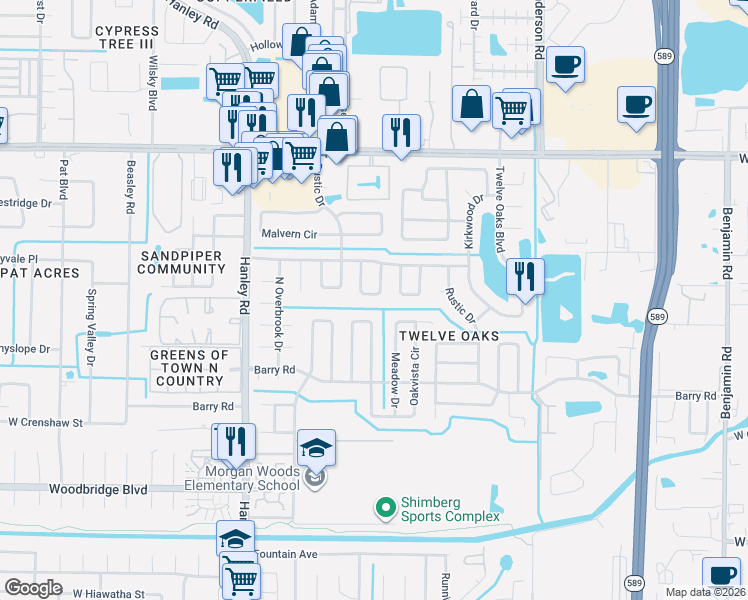map of restaurants, bars, coffee shops, grocery stores, and more near 7316 Sunshine Circle in Tampa