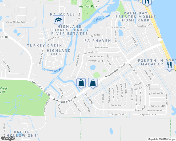 map of restaurants, bars, coffee shops, grocery stores, and more near 955 Chace Lane Northeast in Palm Bay