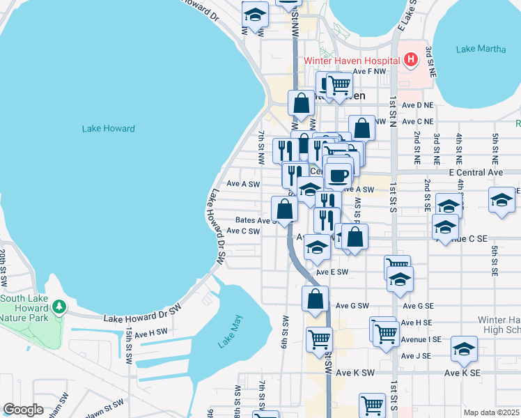 map of restaurants, bars, coffee shops, grocery stores, and more near 5 7th Street Southwest in Winter Haven