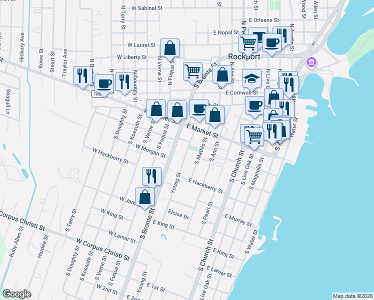 map of restaurants, bars, coffee shops, grocery stores, and more near 409 East Bay Street in Rockport