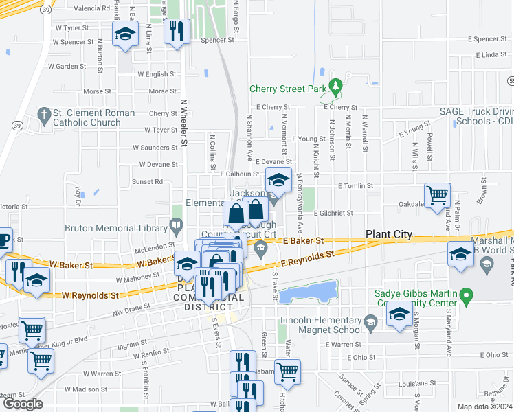 map of restaurants, bars, coffee shops, grocery stores, and more near 502 East Gilchrist Street in Plant City