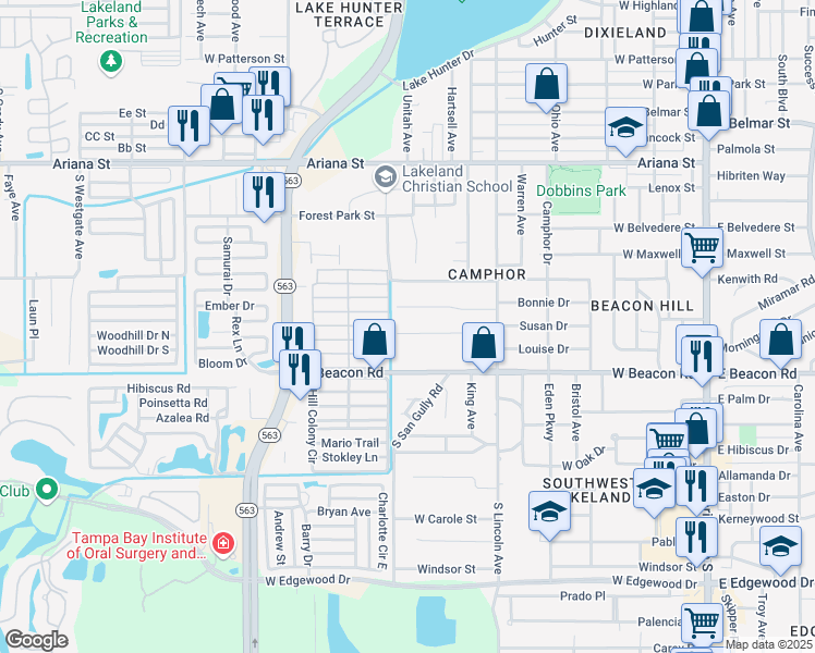 map of restaurants, bars, coffee shops, grocery stores, and more near 1015 Susan Drive in Lakeland