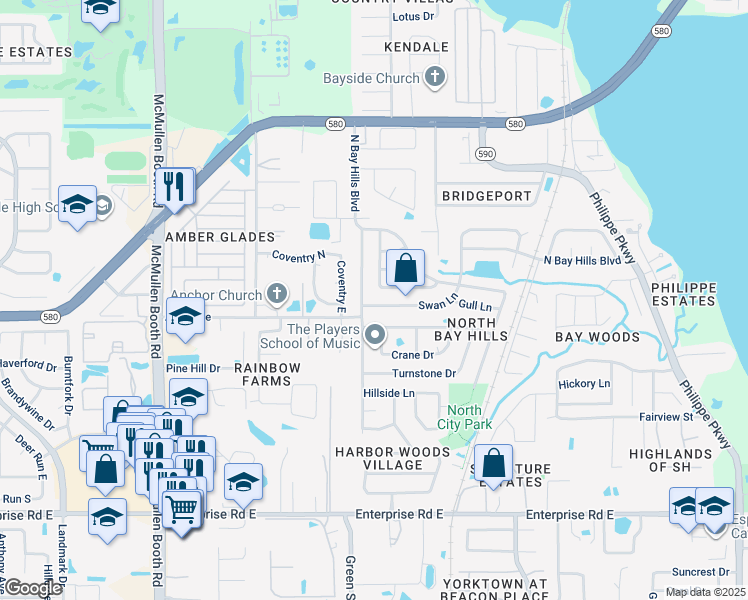 map of restaurants, bars, coffee shops, grocery stores, and more near 3131 Swan Lane in Safety Harbor