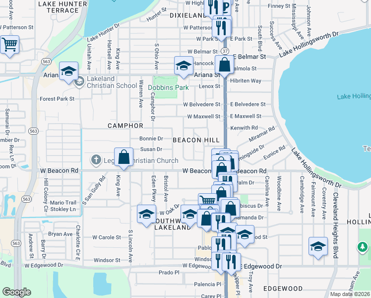 map of restaurants, bars, coffee shops, grocery stores, and more near 1908 Cherokee Trail in Lakeland