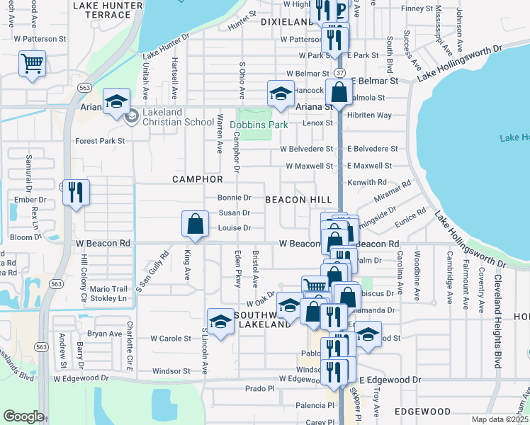 map of restaurants, bars, coffee shops, grocery stores, and more near 501 Susan Drive in Lakeland
