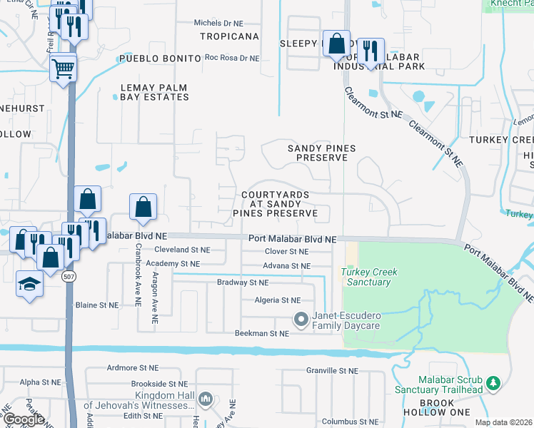 map of restaurants, bars, coffee shops, grocery stores, and more near 2054 Majestic Pine Court Northeast in Palm Bay