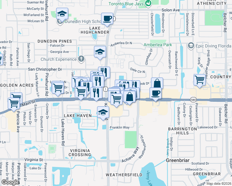 map of restaurants, bars, coffee shops, grocery stores, and more near 1546 Main Street in Dunedin