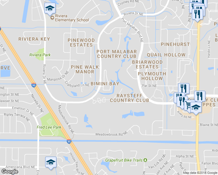 map of restaurants, bars, coffee shops, grocery stores, and more near 1057 Eleuthera Drive Northeast in Palm Bay