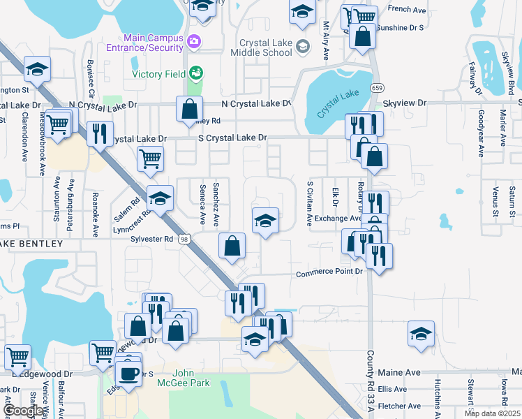 map of restaurants, bars, coffee shops, grocery stores, and more near 1969 Crystal Grove Drive in Lakeland