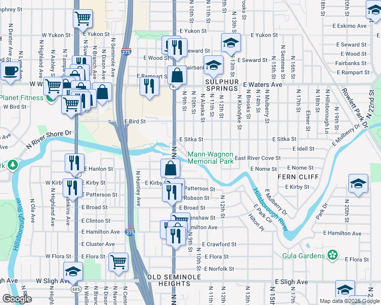 map of restaurants, bars, coffee shops, grocery stores, and more near 915 Grant Avenue in Tampa