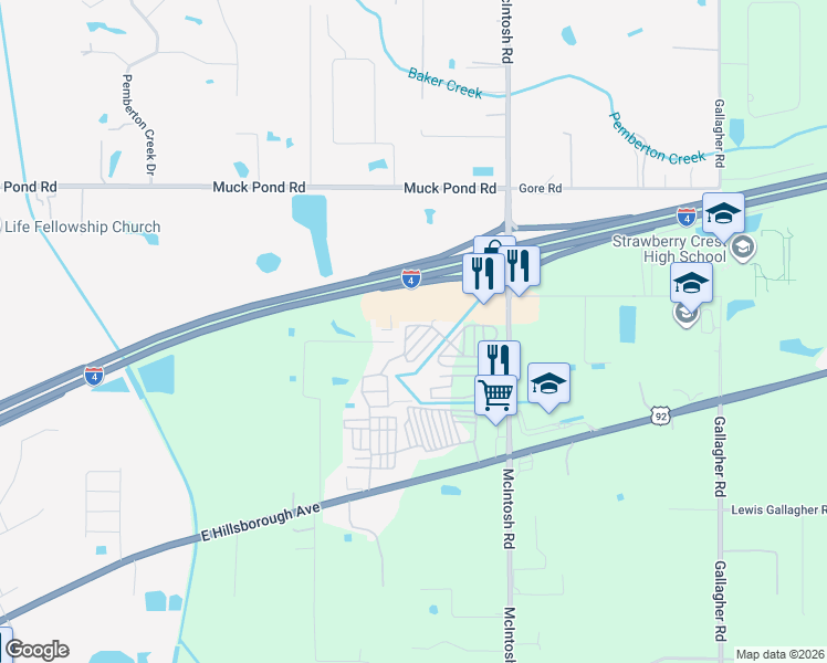 map of restaurants, bars, coffee shops, grocery stores, and more near 4774 Castlewood Road in Seffner