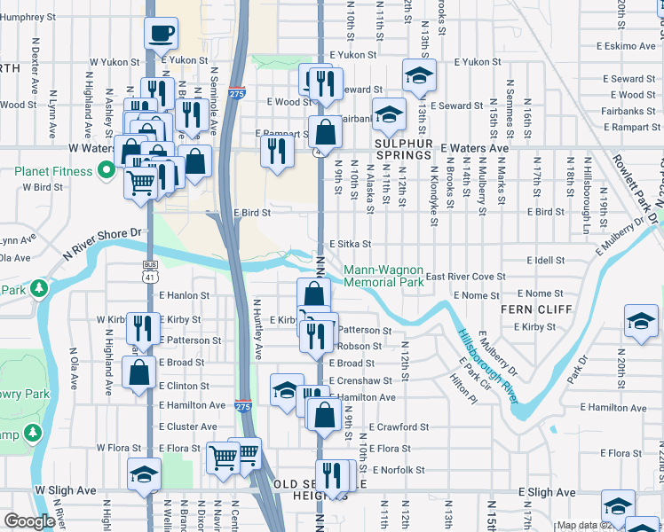 map of restaurants, bars, coffee shops, grocery stores, and more near 915 Grant Avenue in Tampa