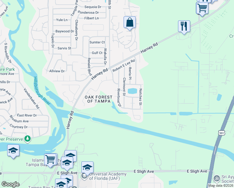 map of restaurants, bars, coffee shops, grocery stores, and more near 8304 Riverboat Drive in Tampa