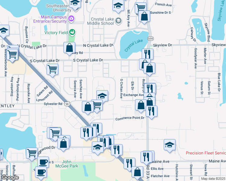 map of restaurants, bars, coffee shops, grocery stores, and more near 1832 Crystal Grove Drive in Lakeland