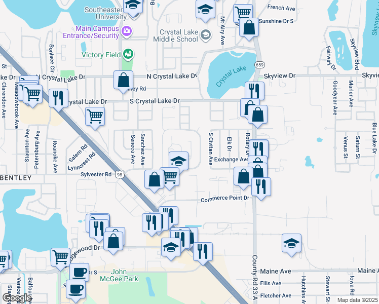 map of restaurants, bars, coffee shops, grocery stores, and more near 1935 Crystal Grove Drive in Lakeland