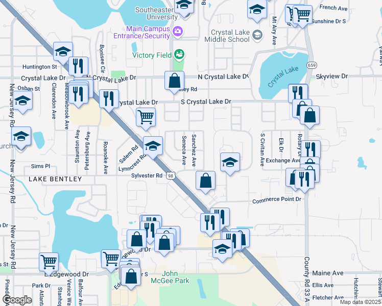 map of restaurants, bars, coffee shops, grocery stores, and more near 1814 Seneca Avenue in Lakeland