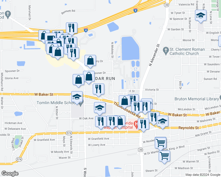 map of restaurants, bars, coffee shops, grocery stores, and more near 105 Southern Oaks Drive in Plant City