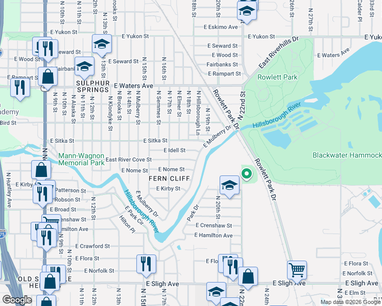 map of restaurants, bars, coffee shops, grocery stores, and more near 1902 East Mulberry Drive in Tampa