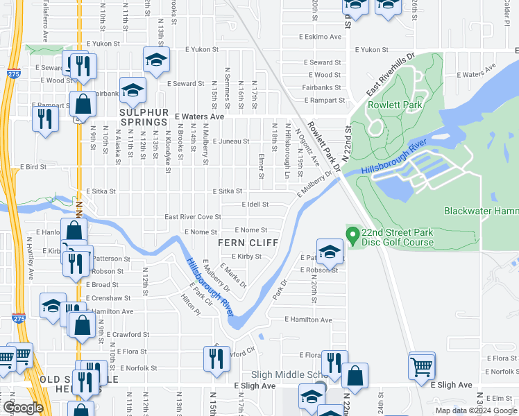 map of restaurants, bars, coffee shops, grocery stores, and more near 1710 East River Cove Street in Tampa