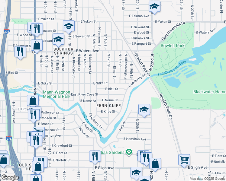 map of restaurants, bars, coffee shops, grocery stores, and more near 1710 East River Cove Street in Tampa