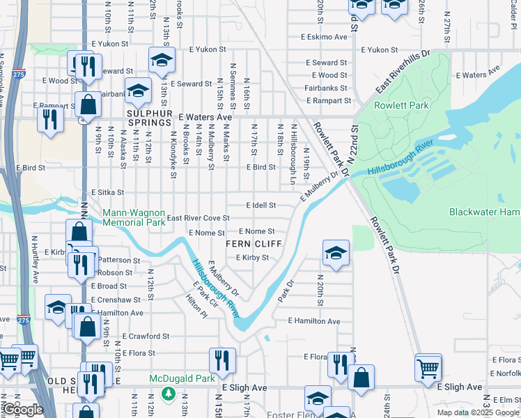 map of restaurants, bars, coffee shops, grocery stores, and more near 1710 East River Cove Street in Tampa