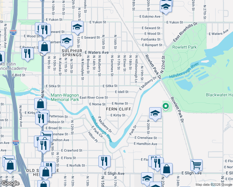 map of restaurants, bars, coffee shops, grocery stores, and more near 1614 East River Cove Street in Tampa