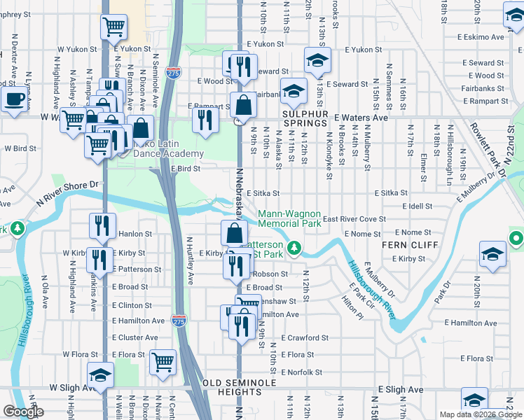 map of restaurants, bars, coffee shops, grocery stores, and more near 915 Grant Avenue in Tampa