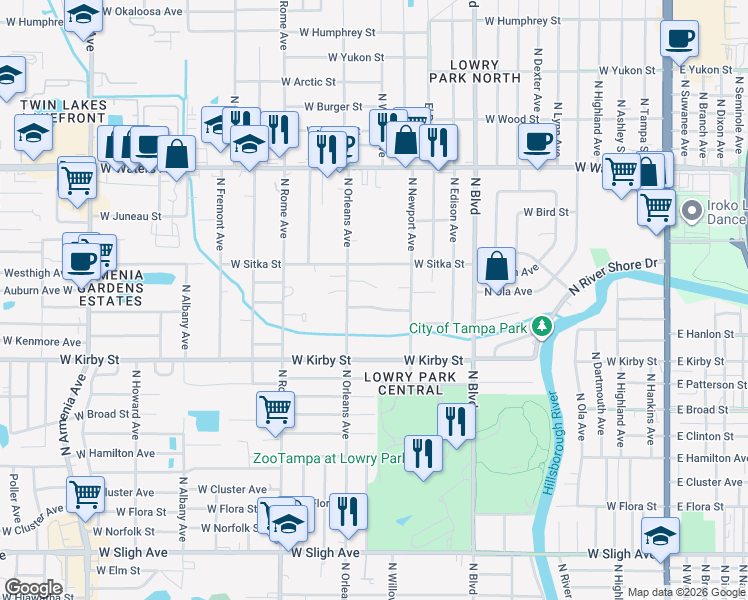 map of restaurants, bars, coffee shops, grocery stores, and more near 1207 West Hollywood Street in Tampa
