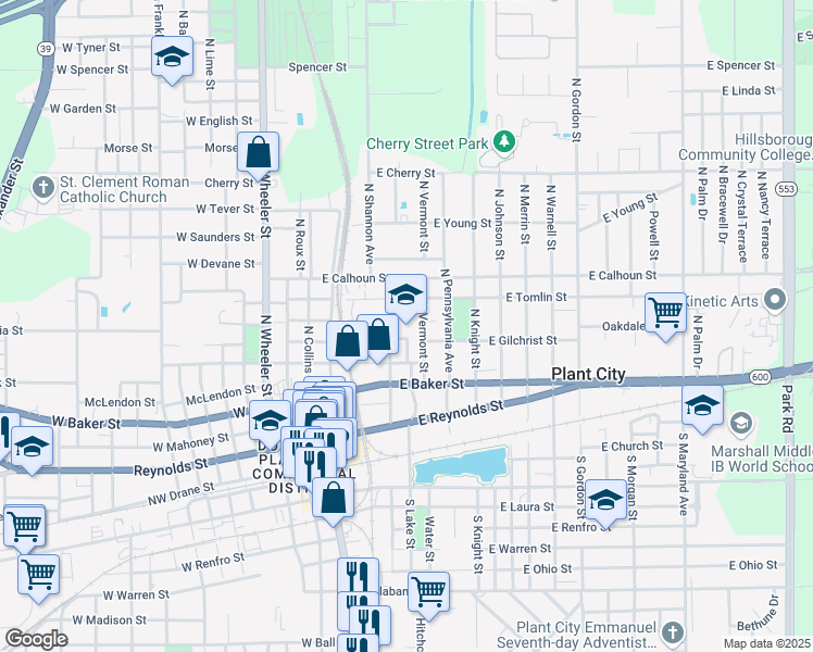 map of restaurants, bars, coffee shops, grocery stores, and more near 502 East Gilchrist Street in Plant City